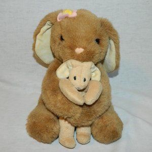 VTG Brown Bunny Rabbit holding baby 7" plush pink flower Easter stuffed Hallmark
